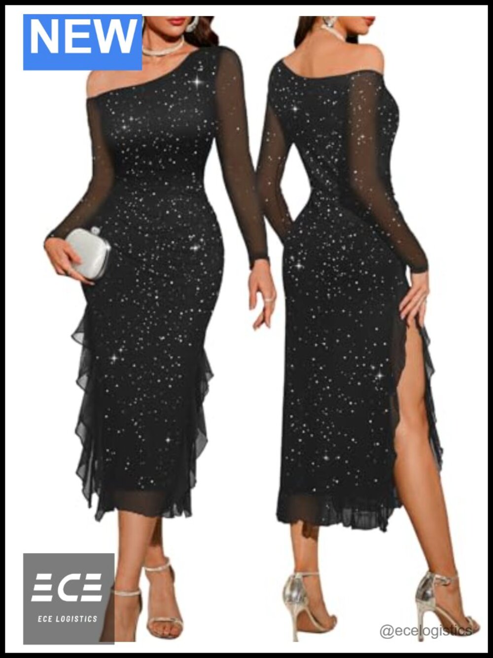 Sparkly Sequin One Shoulder Mesh Maxi Dress Wedding Guest